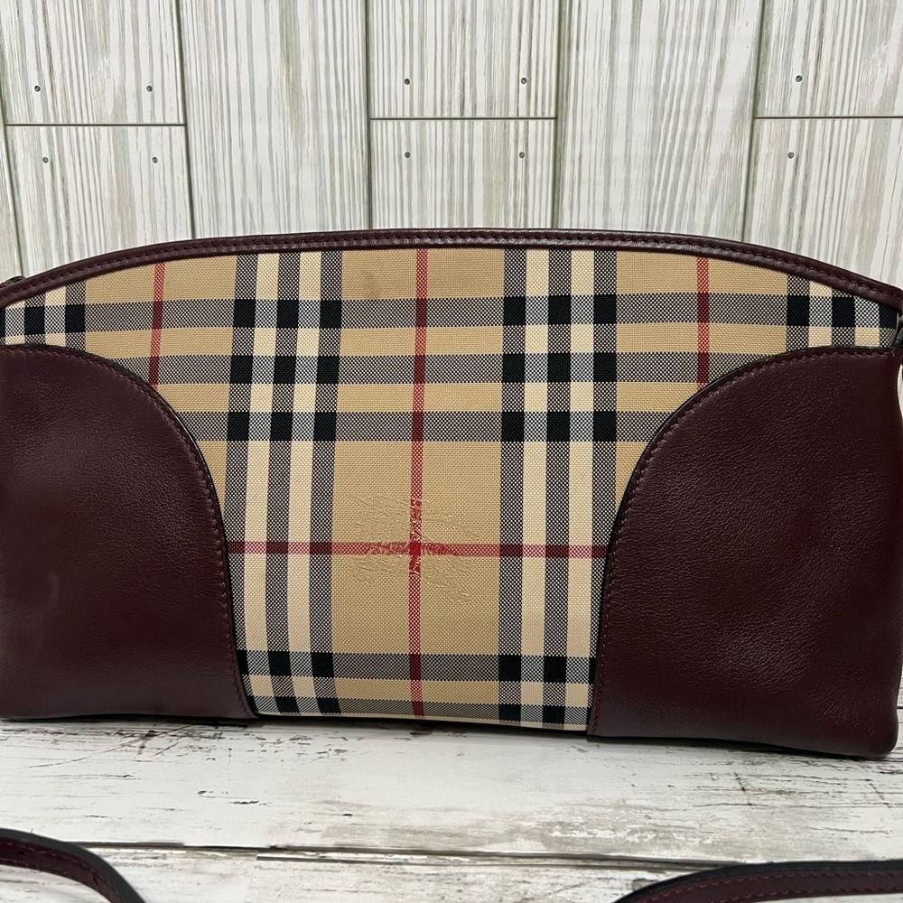 Burberry Nova Check Crossbody Clutch Bag Plaid Burgundy Leather Trim - Picture 5 of 12